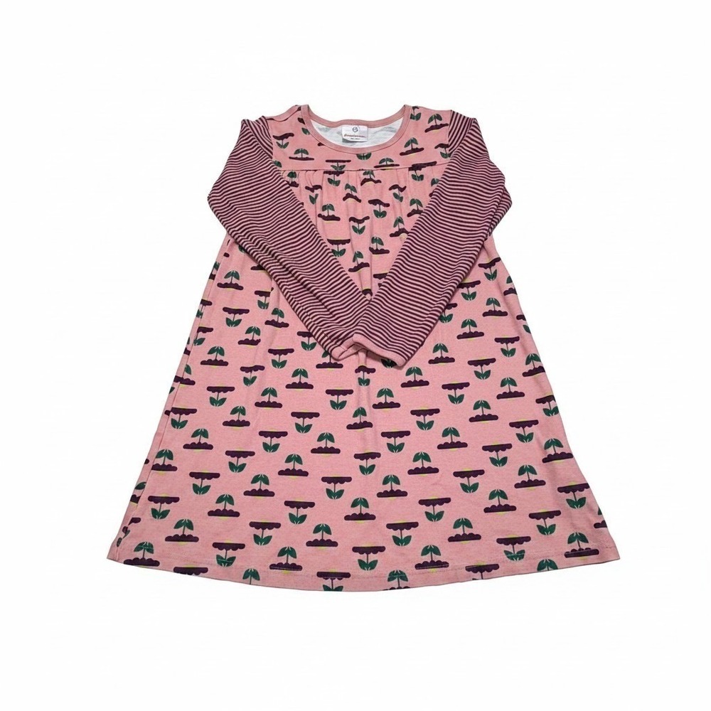 Hanna Andersson Girls Dress Size 130 Pink Floral Stripe Cotton Long Sleeve